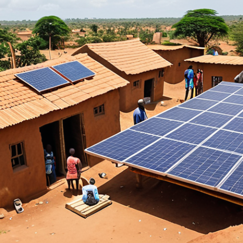 Home 15 **A vibrant scene of a rural African village where solar panels are being installed on the roofs of homes. Happy families are watching as technicians work, with a SunFunder logo subtly visible in the background. The overall tone is hopeful and empowering.**