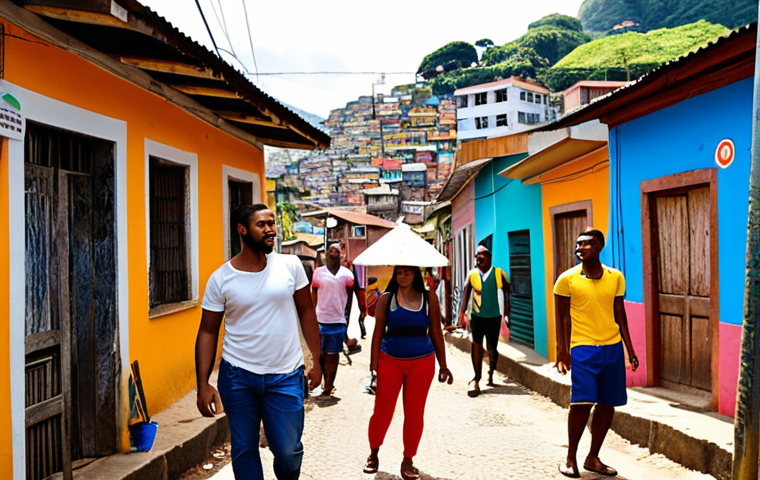 **Image Prompt:** A diverse group of people in a vibrant Brazilian favela, engaging in activities that demonstrate social inclusion and economic empowerment. Focus on small businesses thriving with support from impact investment, showcasing hope and community upliftment. The overall feeling should be colorful and optimistic, capturing the spirit of "Negócios Sociais Focados na Inclusão" (Social Businesses Focused on Inclusion).