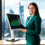 A professional female executive, in a modest business suit, stands confidently in a modern, sunlit office with large windows overlooking a vibrant, sustainable city skyline. She holds a transparent holographic tablet displaying a dual-axis graph, with one line representing financial growth and another showing increasing positive environmental impact, symbolized by green energy icons and thriving foliage. The image emphasizes innovation and responsible finance.
    fully clothed, appropriate attire, modest clothing, professional dress, safe for work, appropriate content, perfect anatomy, correct proportions, natural pose, well-formed hands, proper finger count, natural body proportions, professional photography, high quality.