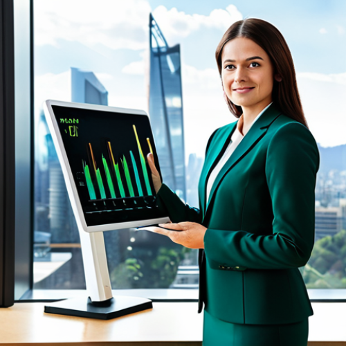 A professional female executive, in a modest business suit, stands confidently in a modern, sunlit office with large windows overlooking a vibrant, sustainable city skyline. She holds a transparent holographic tablet displaying a dual-axis graph, with one line representing financial growth and another showing increasing positive environmental impact, symbolized by green energy icons and thriving foliage. The image emphasizes innovation and responsible finance.
    fully clothed, appropriate attire, modest clothing, professional dress, safe for work, appropriate content, perfect anatomy, correct proportions, natural pose, well-formed hands, proper finger count, natural body proportions, professional photography, high quality.