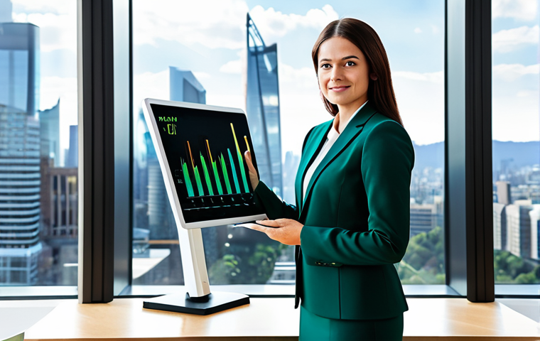 A professional female executive, in a modest business suit, stands confidently in a modern, sunlit office with large windows overlooking a vibrant, sustainable city skyline. She holds a transparent holographic tablet displaying a dual-axis graph, with one line representing financial growth and another showing increasing positive environmental impact, symbolized by green energy icons and thriving foliage. The image emphasizes innovation and responsible finance.
    fully clothed, appropriate attire, modest clothing, professional dress, safe for work, appropriate content, perfect anatomy, correct proportions, natural pose, well-formed hands, proper finger count, natural body proportions, professional photography, high quality.