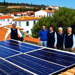Community Solar Power**

A vibrant image showcasing a community solar panel installation in a sunny Portuguese village. Show rooftops adorned with solar panels, with happy, diverse residents working together. Focus on the collaborative spirit and clean energy. Include elements like olive trees or traditional Portuguese architecture in the background.  Fully clothed, appropriate attire, safe for work, perfect anatomy, natural proportions, professional photography, high quality, family-friendly.

**