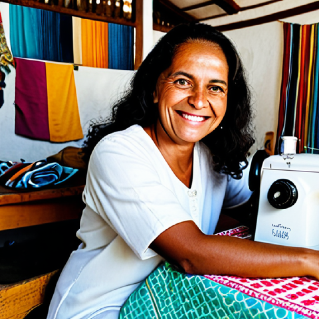 Microcredit Empowerment**

"A smiling Brazilian woman, Dona Maria, fully clothed in modest, traditional clothing, sitting proudly next to her sewing machine in her brightly lit home workshop, surrounded by colorful fabrics, showcasing her small business, safe for work, appropriate content, perfect anatomy, natural proportions, professional photography, high quality, family-friendly."

**