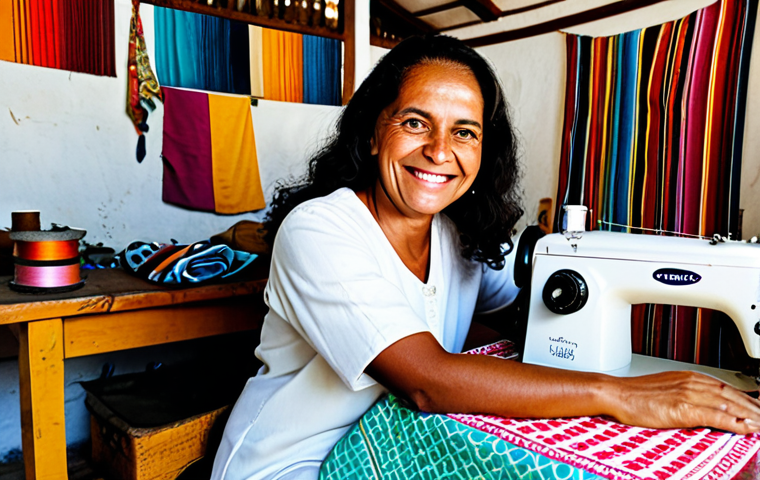 Microcredit Empowerment**

"A smiling Brazilian woman, Dona Maria, fully clothed in modest, traditional clothing, sitting proudly next to her sewing machine in her brightly lit home workshop, surrounded by colorful fabrics, showcasing her small business, safe for work, appropriate content, perfect anatomy, natural proportions, professional photography, high quality, family-friendly."

**