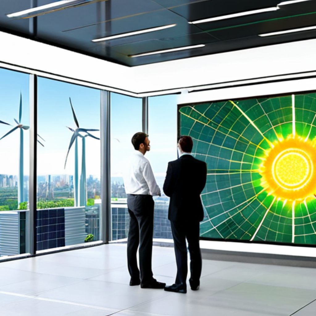 Sustainable Energy Investment**

A diverse group of professionals in business attire are gathered around a holographic display showcasing renewable energy projects (solar panels, wind turbines). The background is a bright, modern office space with large windows overlooking a green cityscape. "Safe for work", "appropriate content", "fully clothed", "professional", "perfect anatomy", "correct proportions", "natural pose", "high quality", "investment in a green future".

**