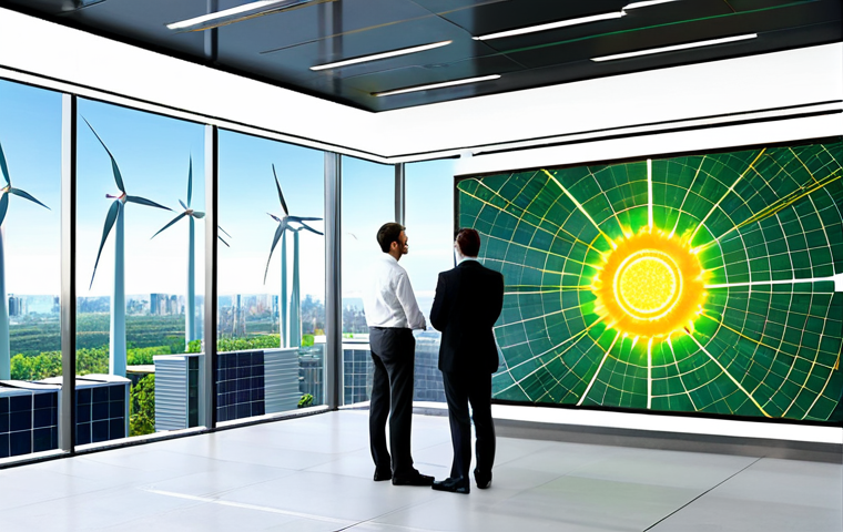 Sustainable Energy Investment**

A diverse group of professionals in business attire are gathered around a holographic display showcasing renewable energy projects (solar panels, wind turbines). The background is a bright, modern office space with large windows overlooking a green cityscape. "Safe for work", "appropriate content", "fully clothed", "professional", "perfect anatomy", "correct proportions", "natural pose", "high quality", "investment in a green future".

**