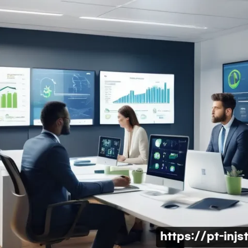 임팩트 투자와 기술 혁신 - A diverse group of professional investors in a modern office setting, analyzing digital screens disp...