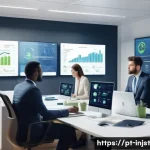 Home 20 임팩트 투자와 기술 혁신 - A diverse group of professional investors in a modern office setting, analyzing digital screens disp...