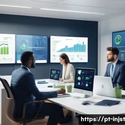 Home 32 임팩트 투자와 기술 혁신 - A diverse group of professional investors in a modern office setting, analyzing digital screens disp...