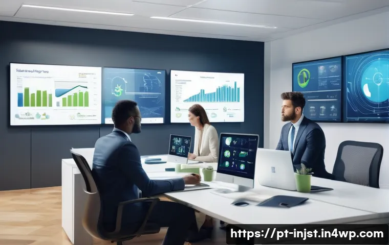 임팩트 투자와 기술 혁신 - A diverse group of professional investors in a modern office setting, analyzing digital screens disp...