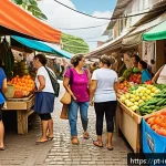 Home 18 임팩트 투자와 고객의 요구 - A vibrant Brazilian local market scene showcasing sustainable products: diverse vendors selling orga...