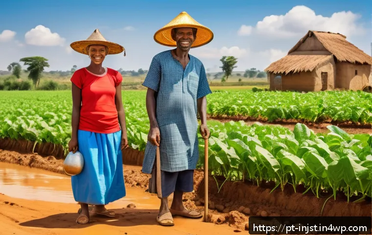 임팩트 투자 사례 아프리카 편 - A vibrant rural African community scene showcasing family farmers using innovative agricultural tech...