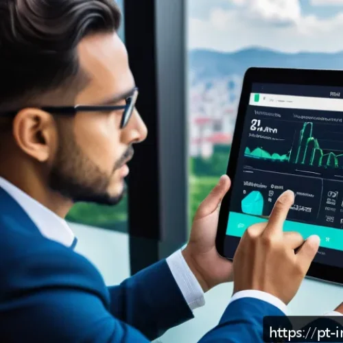 Home 17 임팩트 투자 트렌드 및 전망 - A futuristic digital investment platform interface displayed on a sleek tablet held by a young Brazi...