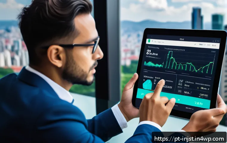 임팩트 투자 트렌드 및 전망 - A futuristic digital investment platform interface displayed on a sleek tablet held by a young Brazi...